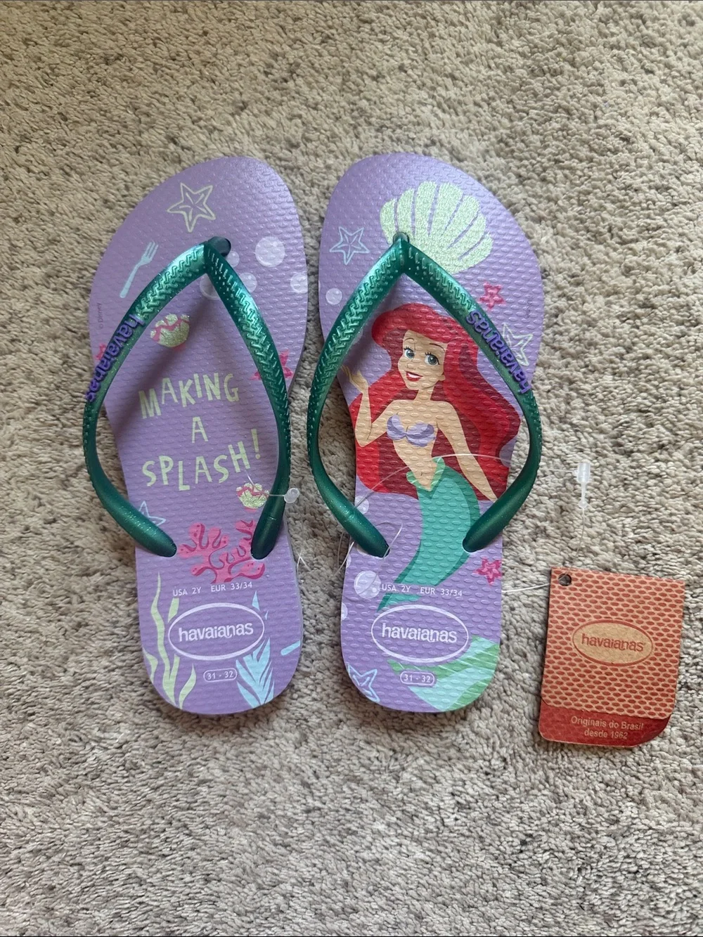 Havaianas Kids Purple Flip Flops with Green Straps - Ariel Design